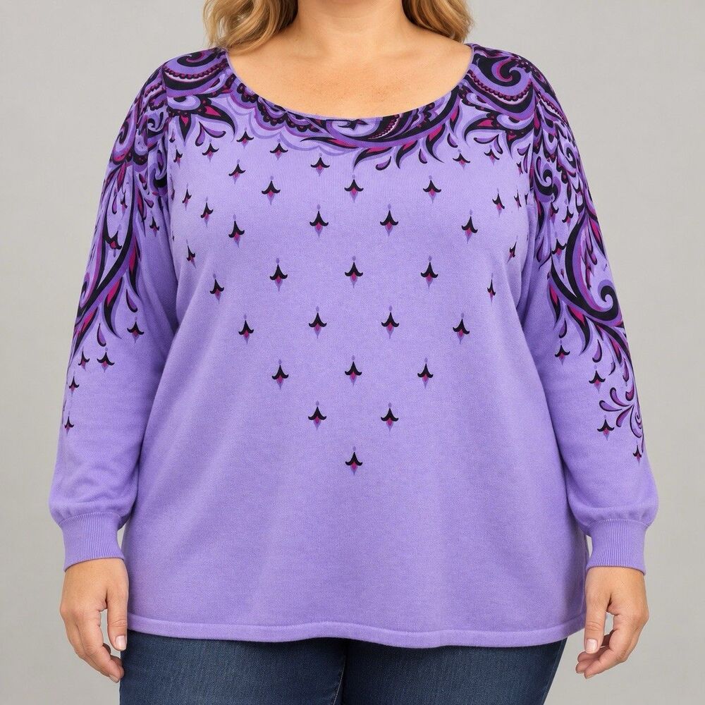Bob Mackie Wearable Art Women’s 2X Purple Paisley Tunic Sweater Boho Colorful